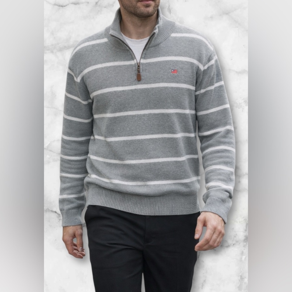 Vintage Polo Ralph Lauren Gray White Stripe 1/4 Zip Sweater Flag Logo Size XXL